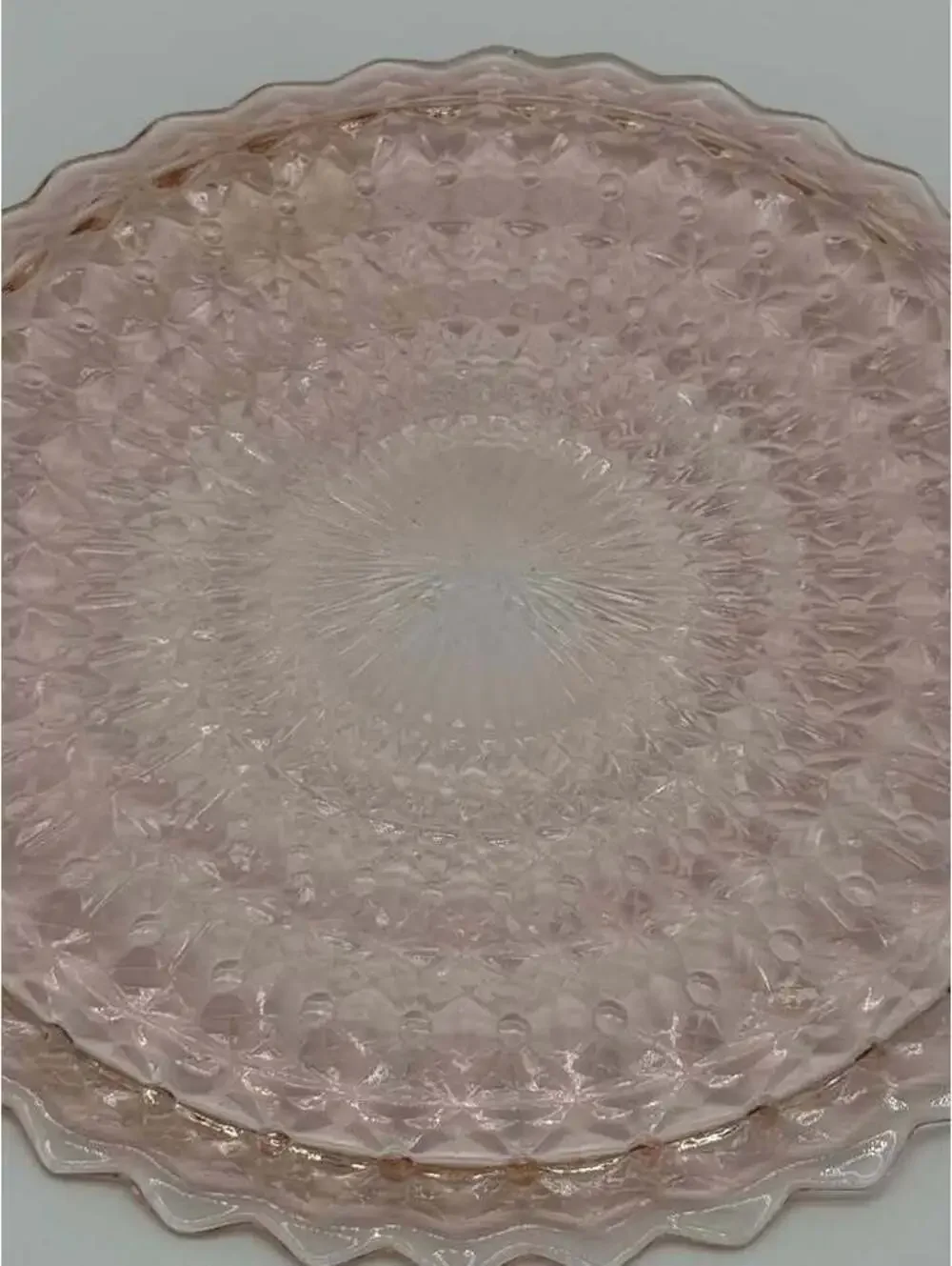 2 Vintage Jeannette Holiday Buttons & Bows Pink Glass Plates 10.25”